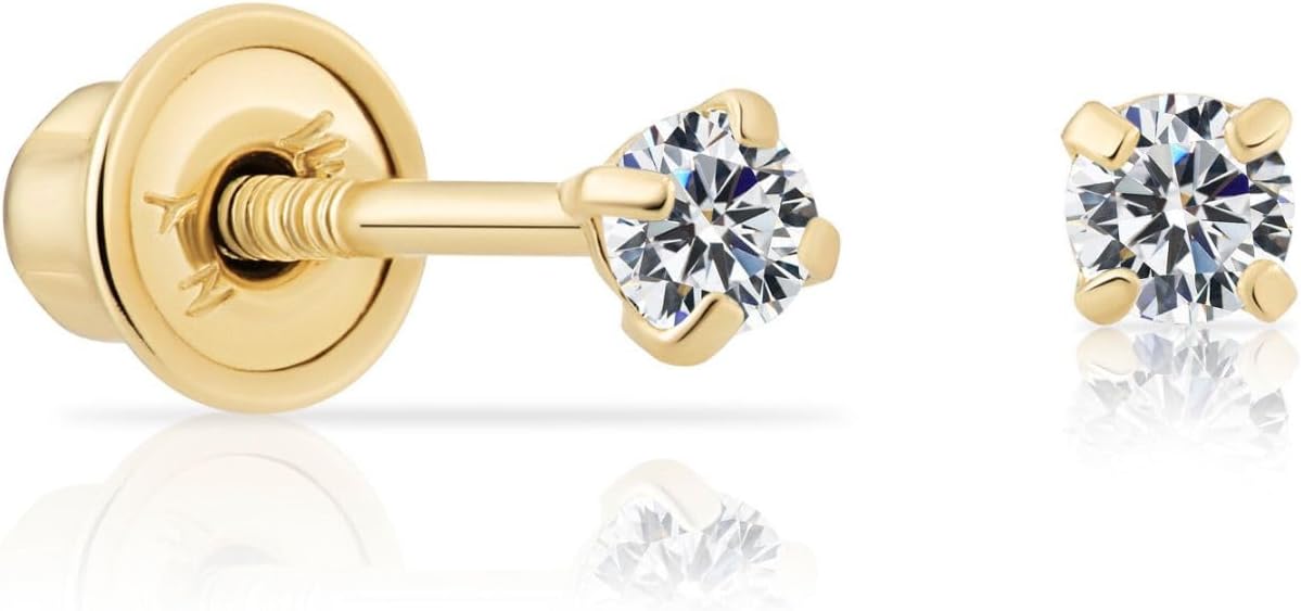 14k Yellow Gold Solitaire Round Cubic Zirconia Stud Earrings in Secure Screw-backs