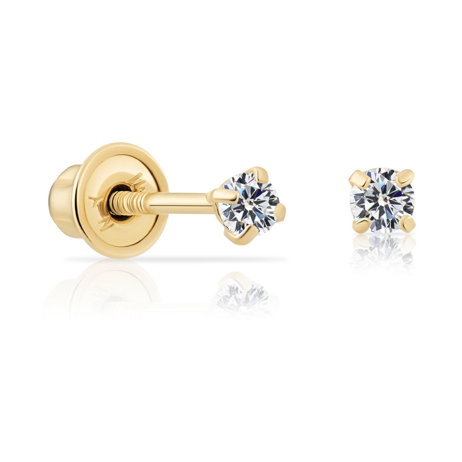 14k Yellow Gold Solitaire Round Cubic Zirconia Stud Earrings in Secure Screw-backs