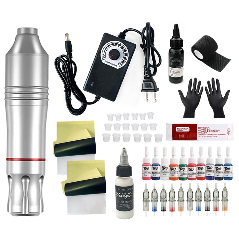 Tattoo Kit Tattoo Gun Complete Tattoo Machine Kit 20 Cartridge Needles 10 Ink Color Set for Supply Practice Skin (Sliver)
