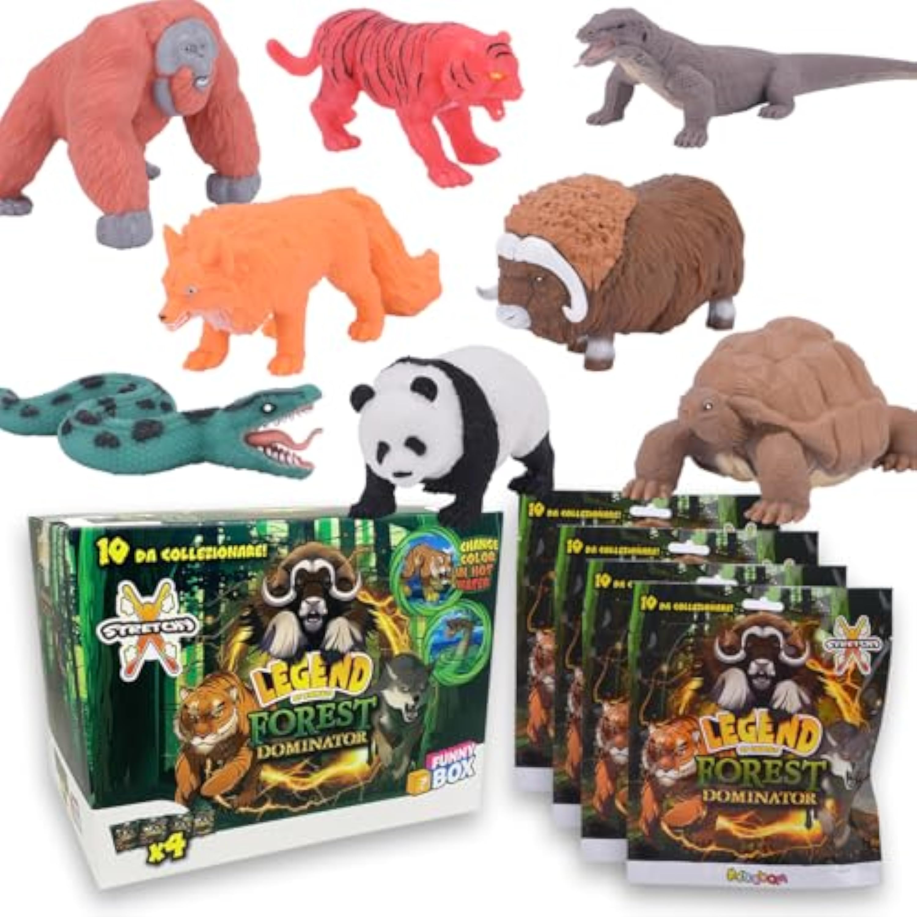 #sbabam Funny Box Legend of Animals Forest Dominator, Animales de Juguete para Niños, 4 Piezas, Juegos Infantiles de Quiosco, Muñecos Suaves Extensibles Panda, Tigre y Otros con Efectos Especiales