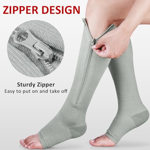 Image of Ailaka 3 Pairs Compression Socks with Zipper, 15-20 mmHg Medical Knee High Compression Socks for Men Women, Open Toe Socks for Varicose Veins, Edema, Recovery(Grey, XXL)