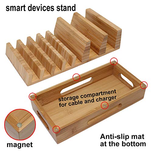 Bamboo Charging Station Organizer for Multiple Devices & Wood Desktop Docking Charging Stand Such As Cell Phone, Tablets, Phone Case and Watch Stand - Pezin & Hulin - Thumbnail 4