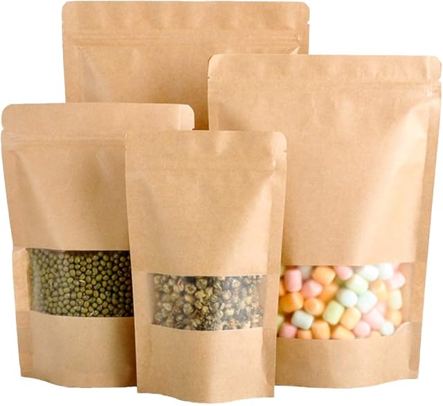 50 Pcs Kraft Paper Zip Lock Food Bag Cookie Tea Bag Stand Up Reusable Sealing Pouches with Transparent Frosted Window for Candy Coffee Beans Storage (15x22cm)