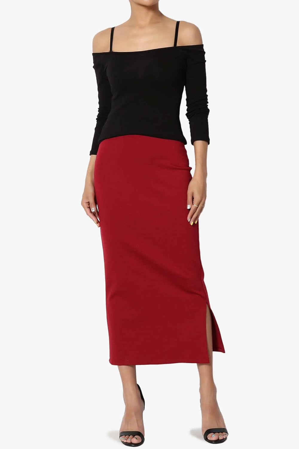 TheMogan Side Slit High Waist Stretch Ponte Knit Mid Calf Long Pencil Skirt - Image 6