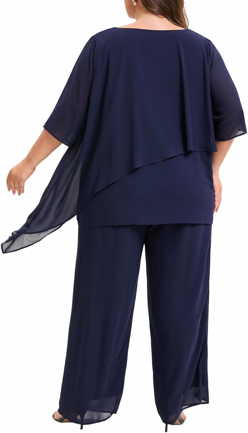 Plus Size Mother of Bride Pant Suits 2 Piece Ruffle Layers Chiffon Sets High Low Hem Wedding Guest Outfit - Image 5