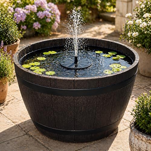 matches21 HOME & HOBBY Outdoor LED Solarbrunnen Set mit Akku - 51 cm Schale Holzfass-Opktik braun mit schwimmender Solarfontäne