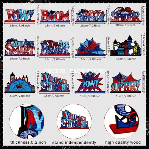 Image of Yuntau 12 Pcs Spider Bithday Party Decoraions Spider Wooden Table Decorations Red and Blue Pattem Design Happy Birthday Table Centerpiece Sign for Boy Cartoon Party Supplies