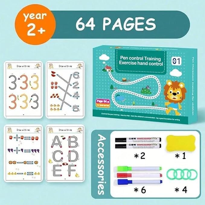 Image of 64 Pages Pen Control Training Exercise Book. Magical Writing Practice Workbook for Kids. Reusable Tracing Practice Book. Educational Learning Kit for Toddlers with Cards & Markers. For Kids. Age 2+.