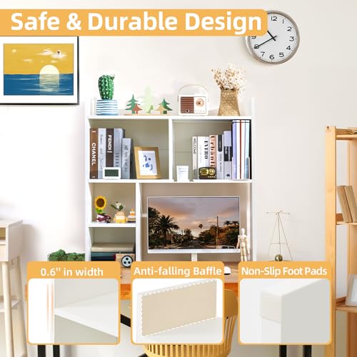 deli Desktop Shelf, Desk Hutch with 5 Shelves for Computer Desk, Desktop 3-Tier Display Rack, Multipurpose Wood Desktop Bookshelf Storage Organizer for Dorm Office Home, White by deli - Image 3