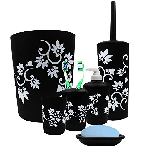 Blue Donuts Bathroom Accessories Set Complete, Toilet Brush and Holder, Trash Can, Toothbrush Holder, Black, 6 Pieces - Thumbnail 4
