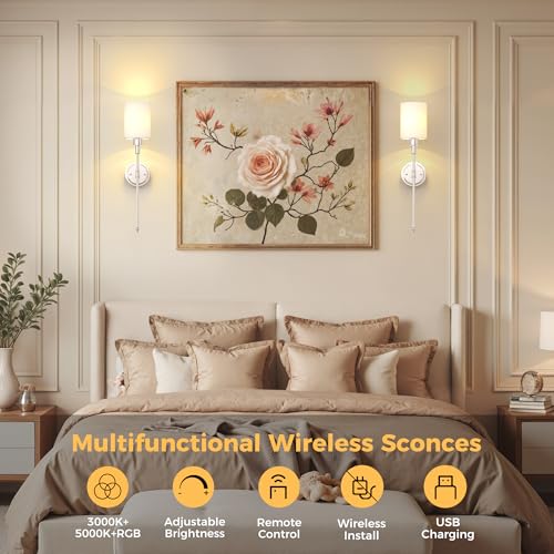 Image of DORESshop Battery Operated Wall Sconce Set of 2, Wireless Wall Light Easy to Install, 7 Color Rechargeable Wall Sconces, Sconce Wall Decor Set of 2 for Bedroom, Living Room, Nickel, 24.3in