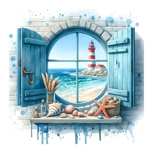 EOBROMD Diamond Painting Kit Completo Ventana, Faro Pintura de Diamante Adultos, Paisaje Punto de Cruz Diamante, Cuadro Diamante Art Rhinestones Bordado para Decoración Hogar 30x30cm