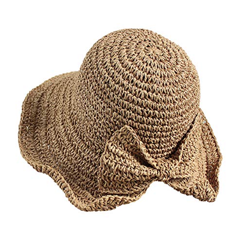 Sombrero de sol de paja de ala ancha, sombrero de verano con ala y lazo para verano, plegable, para mujer, color café claro Cover