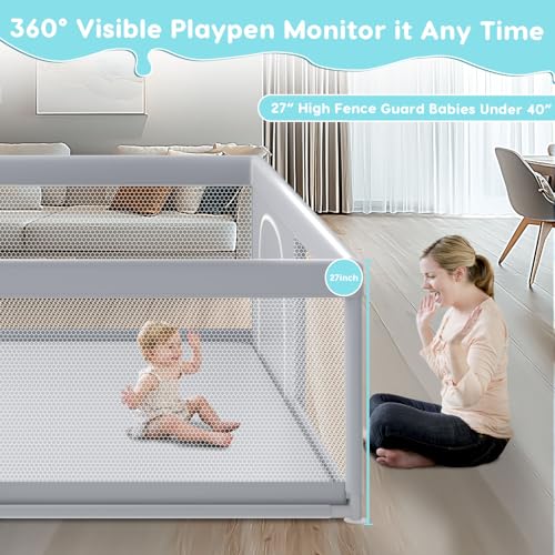 79" ×79" Extra Large Baby Playpen, Baby Playard for Babies and Toddlers, BabyFence Play Pens for Indoor & Outdoor, Sturdy Safety Play Yard with Soft Breathable Mesh, Anti-Fall, Grey