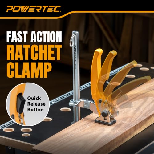 Image of POWERTEC Woodworking Bench Dog Clamps, 2 PK, for 3 /4 inch Dog Holes (72452-P2) | Quick-release ratchet, 6-5 /16 inch clamping capacity, non-marring pads, ideal for MFT workbenches, routing & sanding