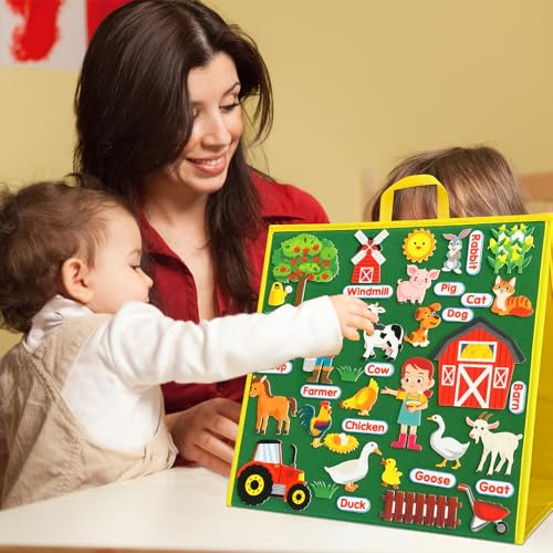 Felt Board&Story Sets and Pieces for Toddlers,Flannel Board Quiet Time Books for Children,Foldable,Double Sided,Felt Learning Board for The Classroom,Felt Toys Activities for Kids (Farm Animals)