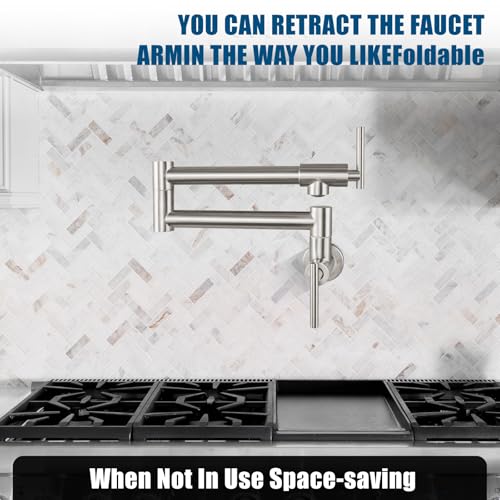 Image of Brushed Nickel Pot Filler Wall Mount Kitchen Restaurant Sink Faucet Stainless Steel Stretchable Commercial Faucet with Folding Double Joint Swing Arm Single Hole Two Handles
