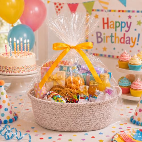 Image of Empty Gift Basket with Gift Bag & Ribbon, Woven Rope Basket, 12x8x5 inch