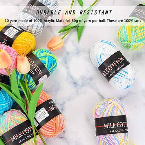 HellDoler 10 Pieces 50g Crochet Yarn Multicoloured Acrylic Cotton Wool Knitting Yarn Hand Knitting Yarn Set,200m per Roll