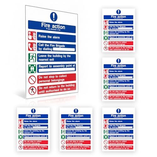 Image of Fire Action Notice Signs Pack of 6-150x200mm Self Adhesive Vinyl - BS EN ISO 7010 Compliant Fire Safety Sign - Workplace Fire Evacuation Signage for UK Offices, Schools & Warehouses - Happy Quokka