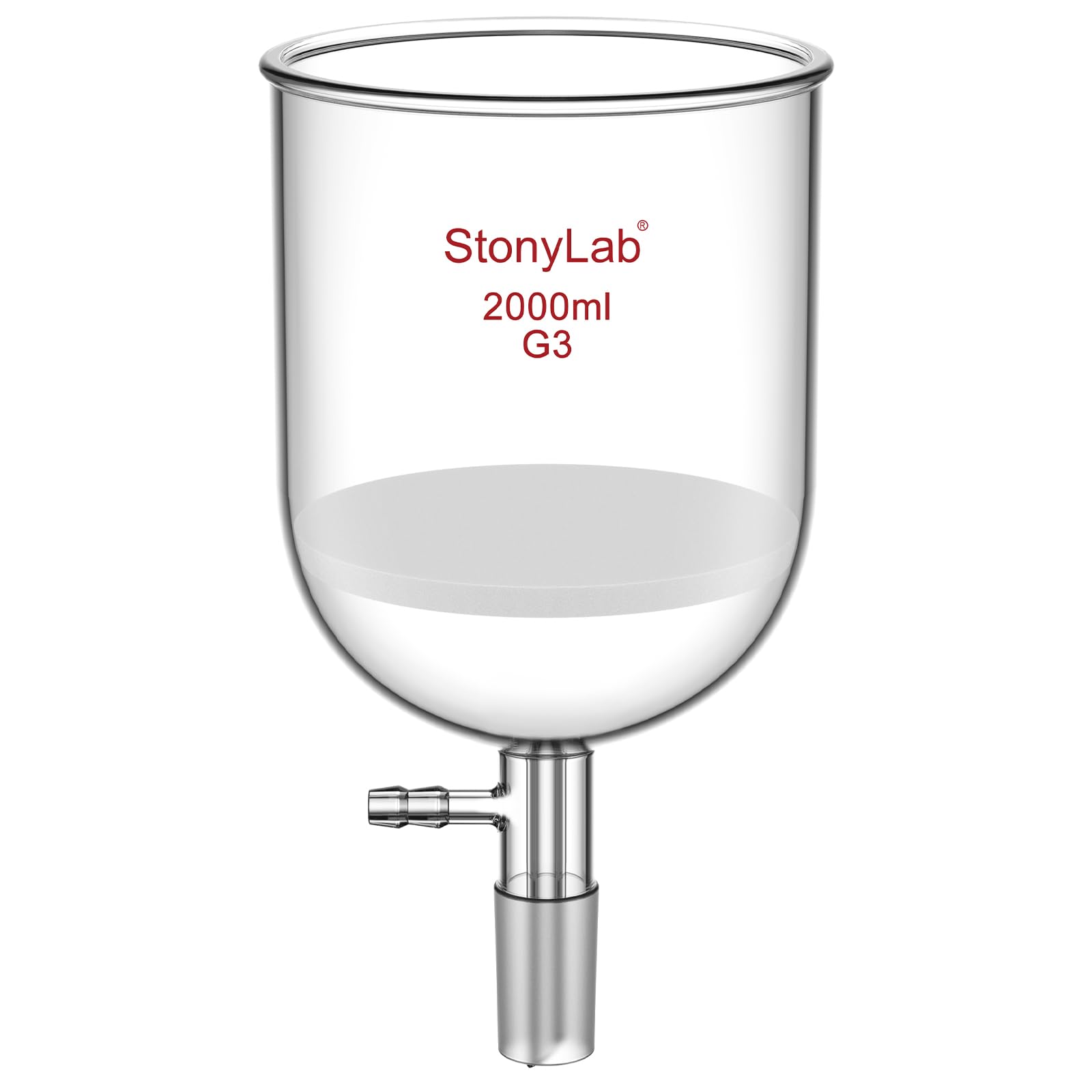 StonyLab Embudo de filtración Buchner con frita fina, diámetro del disco de 155 mm, profundidad de 145 mm, con junta interna cónica estándar 24/40 y tubulación dentada al vacío (2000 ml)