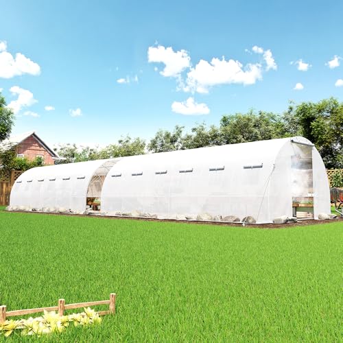 AMERLIFE Large Walk-in Tunnel Greenhouse 10&times;44 FT with Watering System, Heavy Duty Greenhouse with 4 Support Poles, Front/Back Doors, Mesh Windows, Galvanized Steel Frame & UV-Proof PE Cover White