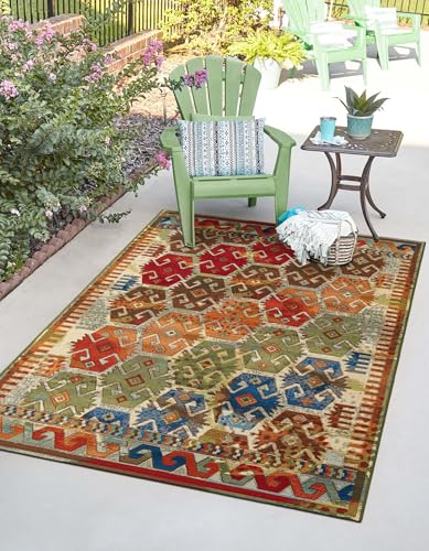 Rugs.com Outdoor Southwestern Collection Rug – 4x6 Multi Flatweave-Pile Rug