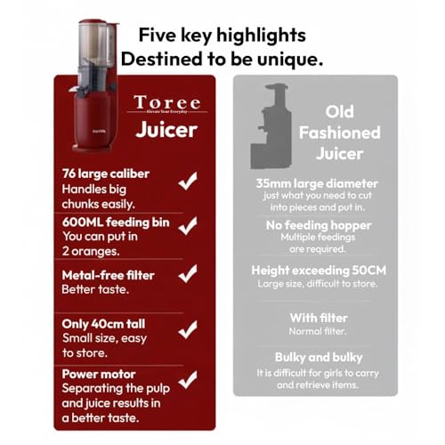 Image of Toree Cold Press Slow Juicer Machine with 8cm Wide Feed Chute | 98% Juice Extraction, Metal-Free Filter, 250W Power, 500ml Capacity, Easy Cleaning with 1 Year Free Replacement Warranty 81306 56959
