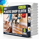12 x 9 Ft Drop Cloths (6-Pack) – Plastic Sheeting & Painters Plastic Tarps for Painting, Waterproof Floor & Furniture Protection