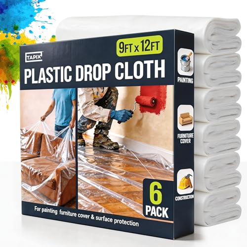12 x 9 Ft Drop Cloths (6-Pack) – Plastic Sheeting & Painters Plastic Tarps for Painting, Waterproof Floor & Furniture Protection