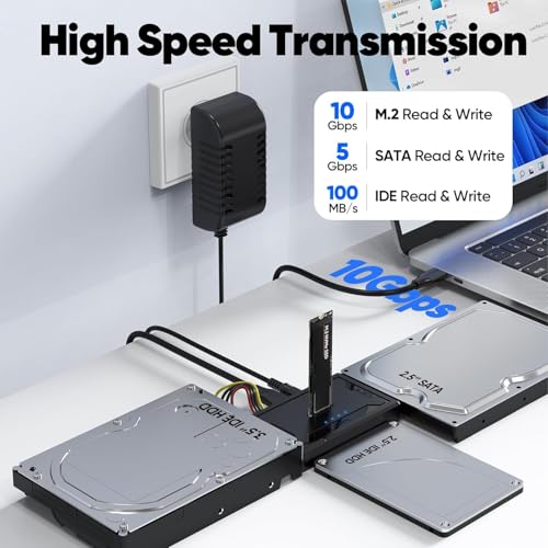 Hard Drive Reader 4-in-1, M.2 SATA IDE to USB Docking Station, 10Gbps NVME Dock, Computer Ultra Data Retrieval Kit with 12V/2A Power Adapter for Internal M.2 2.5\" 3.5\" PATA HDD SSD Blu-ray Drive - Thumbnail 2