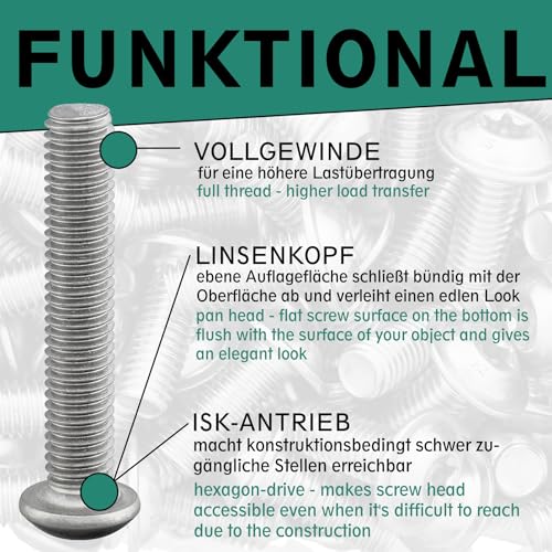 Linsenkopfschraube mit Innensechskant (ISK) nach Norm: ISO 7380-1 rostfreier Edelstahl A2 V2A Vollgewinde Halbrundkopfschraube Flachkopfschraube Linsenschraube (10 Stück, M8 x 70 mm)