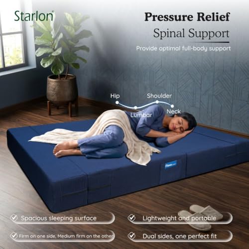 Image of Starlon 3 Seater Foldable Sofa Cum Bed 3-in-1 with 2 Floral Pattern Pillows, Washable Jute Fabric Cover, Space Saving Guest Bed, Royal Navy Blue 6x6.5 Ft