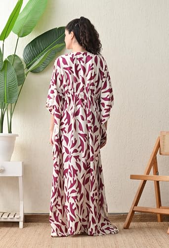 Image of Ichaa Women's Pink Rayon Printed Round-Neck Kaftan-Style Free Size Nighty with Drawstring