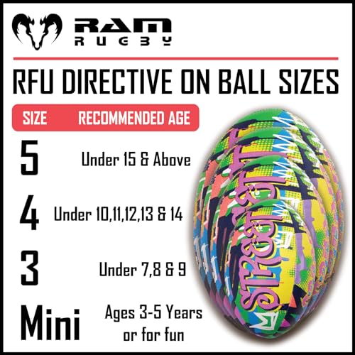 Ram Rugby Fun Graffiti Squad Trainer Rugby Ball & Mini Pump, Available in Size 5, 4, 3, & 1 (Mini), For Kids & Adults - Image 3