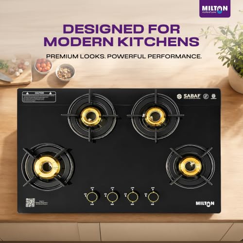Image of Milton Magnus 4 Burner Gas Stove Hobtop | Built-In Hob with Auto Ignition | Italian SABAF Valves | 8mm Toughened Glass Top | 360 Nozzle | ISI Certified | 5 Years Glass Warranty