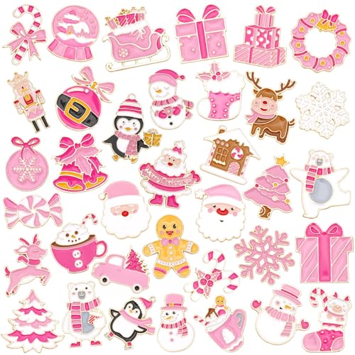 DTOFOOT 36Pcs Pink Christmas Enamel Lapel Pins for Backpack Cloth Decor