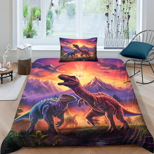 Housse de couette dinosaure 135x200 cm avec 2 taies d'oreiller zippées en microfbre pour lit enfant