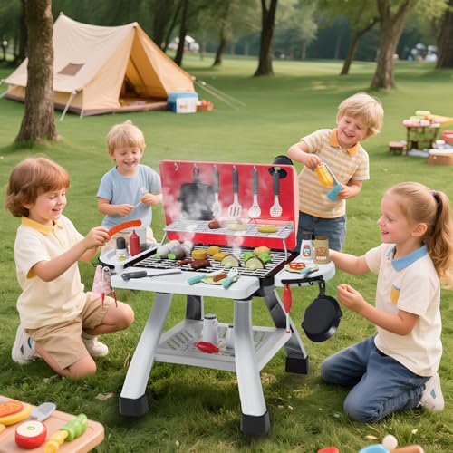 BBQ Grillspielzeug für Kinder ab 3 Jahren, 2 stufiges Outdoor Küchenspielzeugset Sound & Light, 41 teiligem Kochgeschirrset drinnen und draußen,Geschenk für Jungen und Mädchen von 3 bis 8 Jahren