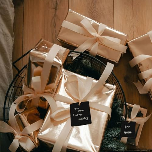 Image of CVANU Black Kraft Paper Hanging Rectangle Shaped Tags (300pcs) with Jute Twine for Wedding| Write Blessings| Thanksgiving| Gift Decor (3.5inch X2.3inch)