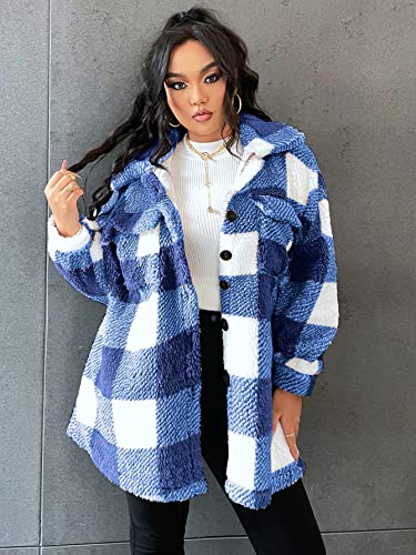 Women Plaid Jacket Faux Fur Fleece Teddy Coat with Button Front & Flap Pockets,Warm Sherpa Jacket,0XL-4XL,3 Color3
