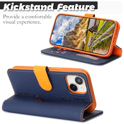 Image of Detachable Genuine Leather Case for iPhone 15 Wallet Case Magnetic 2in1 Removable Flip Cover Book Purse Compatible with Magsafe Charging Kickstand Card Holder-Navy Blue+Orange