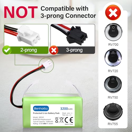 Senharbu 3200mAh RVBAT850 Battery Replacement for Shark Vacuum - Compatible with Shark Ion R75, RV761, RV850C, RV1000S, RV1100VL, RV101AE, UR1000SR, RV700_N, RV720_N (2-Prong Connector ONLY) - Thumbnail 3