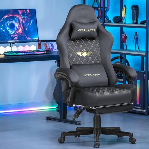 Sedia da gaming, in tessuto, ergonomica, per ufficio, in PC, portata 150 kg, regolabile e girevole, con cuscino a molla e poggiapiedi, grigio - Sedia gaming - Immagine 1