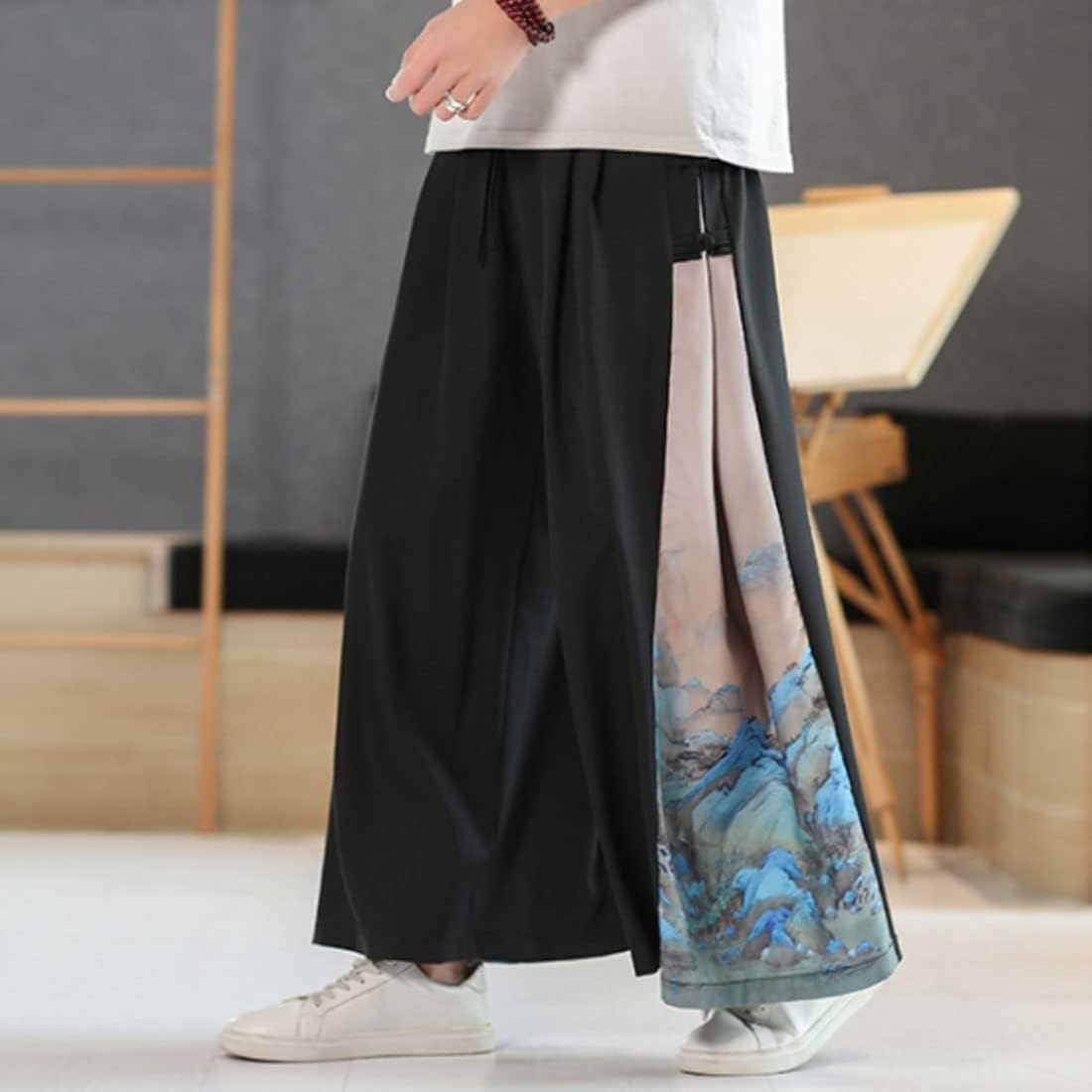 HZCX FASHION Mens Wide Leg Palazzo Pants Elastic Waist Yoga Painting Patch Slack