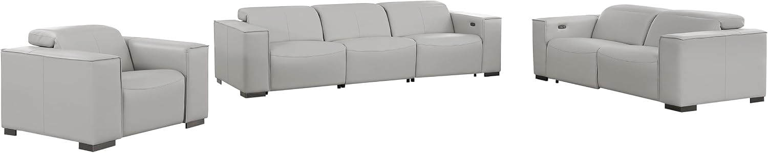 Blackjack Furniture Umbria 3 Piece Genuine Leather Power Recliner Chair, Loveseat & Sofa Set with 6 Reclining Seats, Adjustable Headrest & USB Charging Ports, Ideal for Modern Living Room, Light Grey