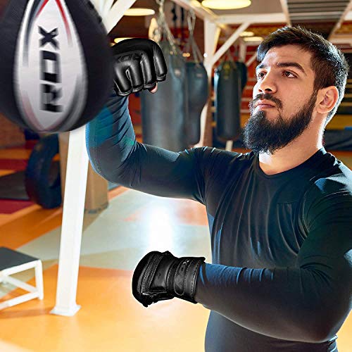 Rdx Mma Gloves Noir, Maya Hide Leather, Ventilated Open D-Cut Palm, Padded Grappling Sparring Mitts, Cage Fighting Kickboxing Mixed Martial Arts Muay Thai Training, Punching Bag Pads Workout, Black #TOP4