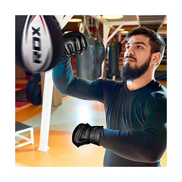 RDX-MMA-Gloves-Noir-Maya-Hide-Leather-Ventilated-Open-D-Cut-Palm-Padded-Grappling-Sparring-Mitts-Cage-Fighting-Kickboxing-Mixed-Martial-Arts-Muay-Thai-Training-Punching-Bag-Pads-Workout-Black RDX MMA Gloves Noir, Maya Hide Leather, Ventilated Open D-Cut Palm, Padded Grappling Sparring Mitts, Cage Fighting Kickboxing Mixed Martial Arts Muay Thai Training, Punching Bag Pads Workout, Black