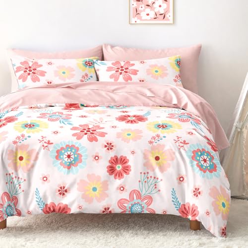 Wake In Cloud - Floral Duvet Cover Set for Girls Kids, Cute Bright Colorful Flower Pattern, Soft Lightweight Bedding, 3-Piece, Pink, Twin/Twin XL Size