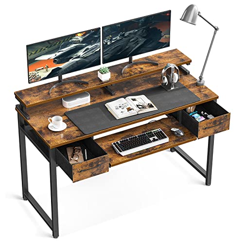 ODK Bureau d'ordinateur avec étagère pour clavier, bureau à domicile avec tiroirs, bureau d'étude moderne pour PC avec étagère pour moniteur, 120 × 48 cm, marron rustique Cover